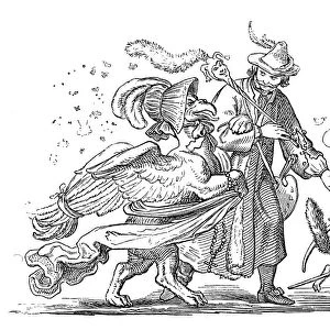 Humanized animals illustrations: Man with bird and fox