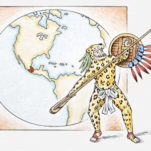 Illustration of Aztec Jaguar Warrior in front of map with ancient Aztec kingdom highlighted