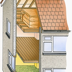 Illustration of cross section of house showing insulation on floors and windows