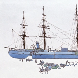 Illustration of early 20th century cargo ship stranded on ice
