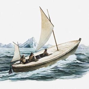 Illustration of explorers in boat in Antarctic waters