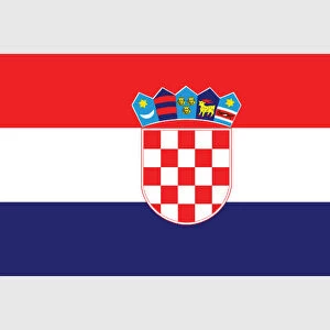 Illustration of flag of Croatia, with three equal size, horizontal bands of red, white and blue, and coat of arms in centre