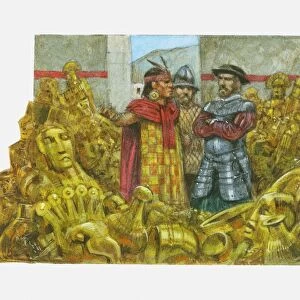Illustration of Francisco Pizarro standing next to Inca Emperor Atahualpa in room full of gold