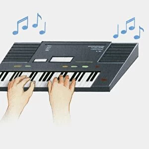 Illustration of hands on synthesizer keyboard