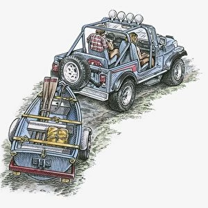 Illustration of jeep towing small boat