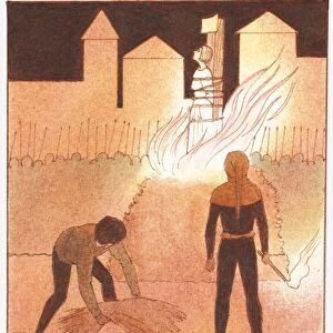 Illustration of Joan of Arc being burned at the stake as executioner holds torch and man lifts straw to fuel fire