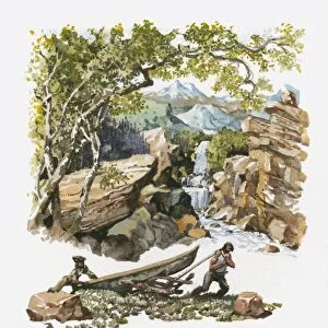Illustration of two men dragging canoe on land near waterfall in mountain region