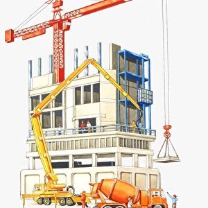 Illustration of men working on construction site using cranes and cements mixers