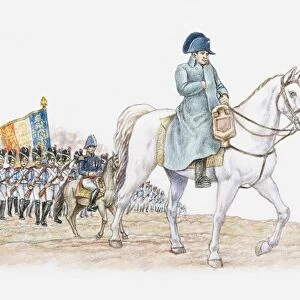 Illustration of Napoleon Bonaparte leading his army on horseback
