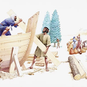 Illustration of Noah and his three sons Shem, Ham, and Japheth constructing the Ark as his wife calls chosen animals using shofar