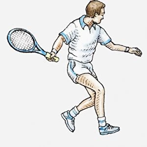 Illustration of tennis player holding racquet, looking away