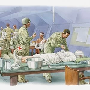 Illustration of treament of burns patients wrapped in bandages during World War Two