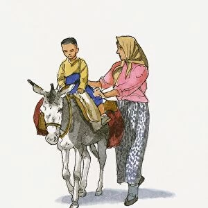 Illustration of woman walking with child riding donkey in Western Anatolia