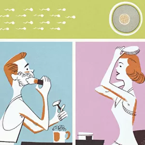 Man and Woman Primping and Sperm and Egg