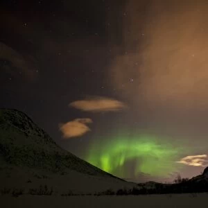 Northern Lights over the Kattfjord pass in winter, Kvaloya, Tromso, Norway, Europe