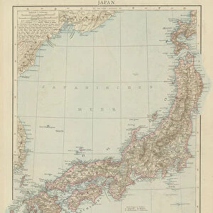 Old chromolithograph map of Japan, island country in East Asia