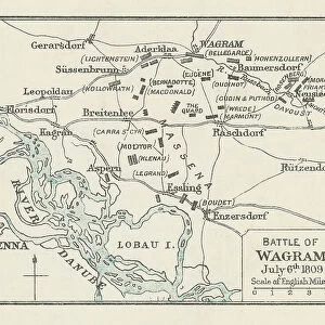 Old engraved map of Battle of Wagram (5 and 6 July 1809)