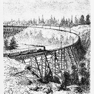 Pan Pacific Railway Locomotive Crossing a Viaduct Engraving, 1877