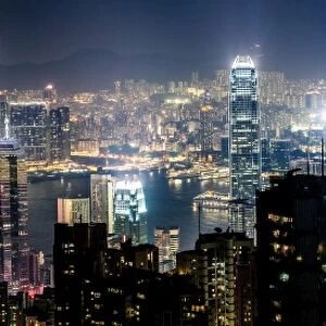 Panoramic of Hong Kong harbor from Victoria peak at night, China