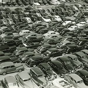 Parking full of cars, (B&W), (elevated view