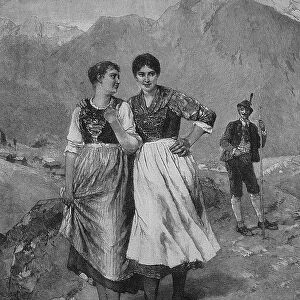 Rebuffed, young man has tried unsuccessfully to strike up a conversation with a young woman, the two woman walk on, Austria, c. 1898, Historic, digital reproduction of an original 19th-century painting, original date unknown
