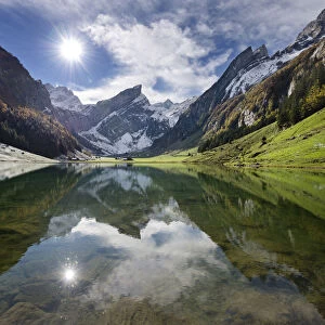 Seealpsee Lake, with reflections of Mt Saentis, Schwende, Appenzeller Alpen, Canton of Appenzell Innerrhoden, Switzerland