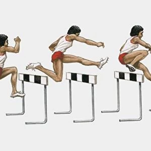 Sequence of illustrations of male athlete jumping over hurdles