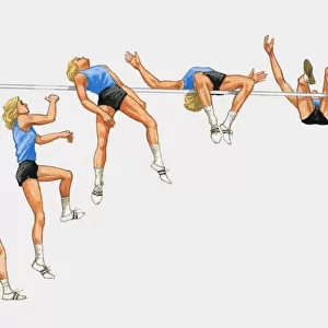 Sequence of illustrations showing female athlete performing high jump