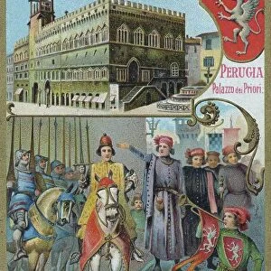 Series of famous Italian town halls, Italy, Perugia, Palazzo dei Priori, Braccio da Montone is proclaimed Lord of Perugia, 19 July 1416, Historic, digitally restored reproduction of a collector's picture from c. 1900, exact date unknown