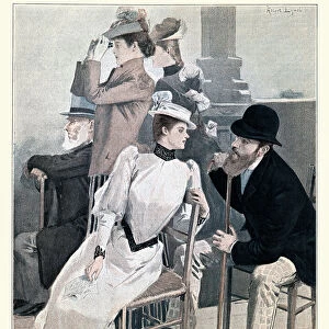 Spectators at a sports race, chatting, Victorian, 1890s