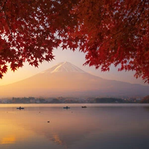 Sunrise at Mt Fuji in iconic autumn view from Lake Kawaguchiko