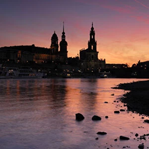 Sunset, seen from the Elbe River with a view towards Castle Church, Dresden, Saxony, Germany, Europe