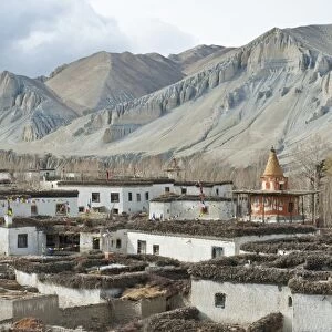Tibetan architecture, houses with flat roofs, erosion in the mountains, typical stupa in the village Charang, Upper Mustang, Nepal, Asia