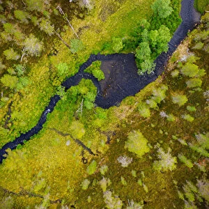 Top-down aerial view of a small river flowing through remote landscape in the Finnish