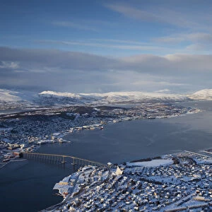 Tromso as seen from Fjellheisen aerial tramway in winter, Tromso, Norway, Europe