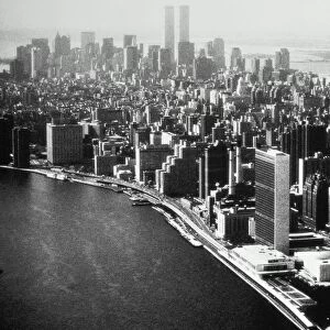 USA, New York City, Manhattan, skyline, elevated angle view (B&W)