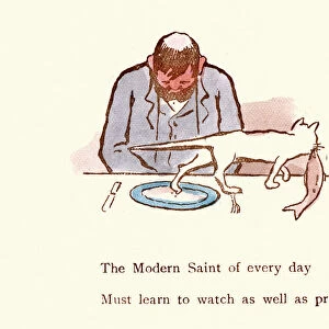 Victorian satirical cartoon, Cat stealing man lunch