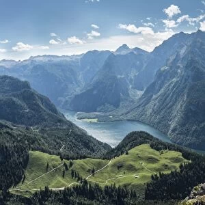 View of Konigssee Lake and Mt Watzmann from Mt Jenner, Berchtesgaden National Park, Berchtesgadener Land district, Upper Bavaria, Bavaria, Germany