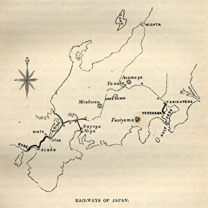 Vintage illustration of Map showing early railways of Japan, 1870s, 1880s, 19th Century