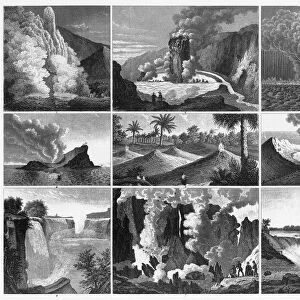 Volcanoes, Geysers and Water Falls Engraving