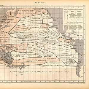 Wind Areas Chart, Pacific Ocean, German Antique Victorian Engraving, 1896