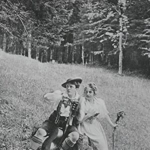 Young couple feels caught after a clandestine meeting on the mountain pasture, 1899, Austria, Historic, digital reproduction of an original 19th-century print