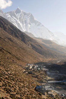 Lhotse mountain peak and Dingboche village, Everest region