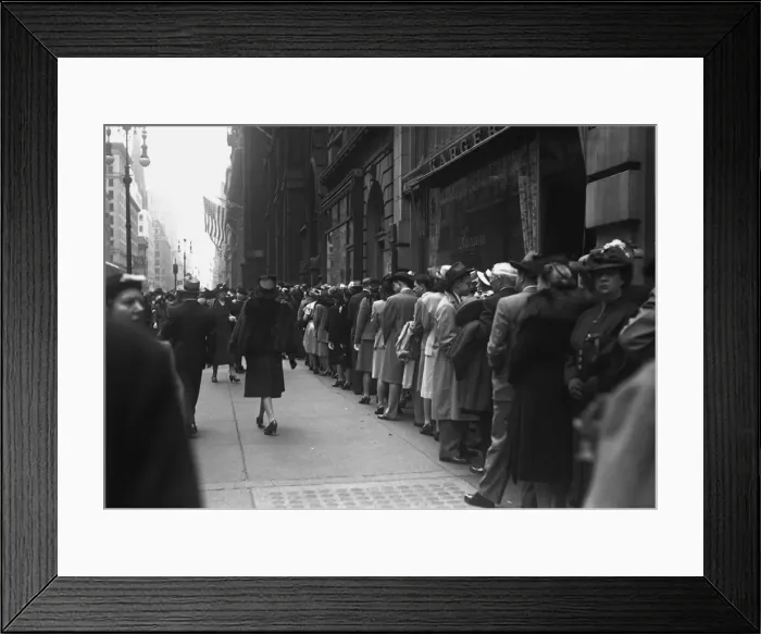Framed Print : Large group of people waiting in line outdoors, (B&W) Framed Print : Large group of people waiting in line outdoors, (B&W)