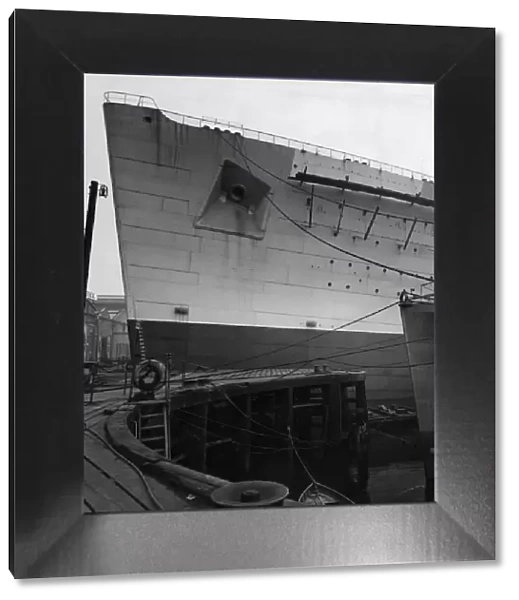 Liner 534. The bows of the new Cunard White Star liner Queen Mary during