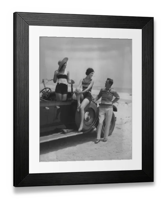 Framed Print : 2 Women Bathing Suits Posed On Convertible Car With Man In Striped Trousers And Vest Looking On Upscale Fashion Wealth Leisure Straw Hat Framed Print : 2 Women Bathing Suits Posed On Convertible Car With Man In Striped Trousers And Vest Looking On Upscale Fashion Wealth Leisure Straw Hat
