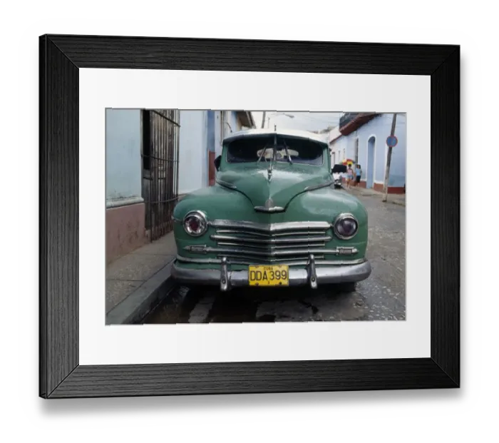 Framed Print : Old blue car parked in street, Havana, Cuba