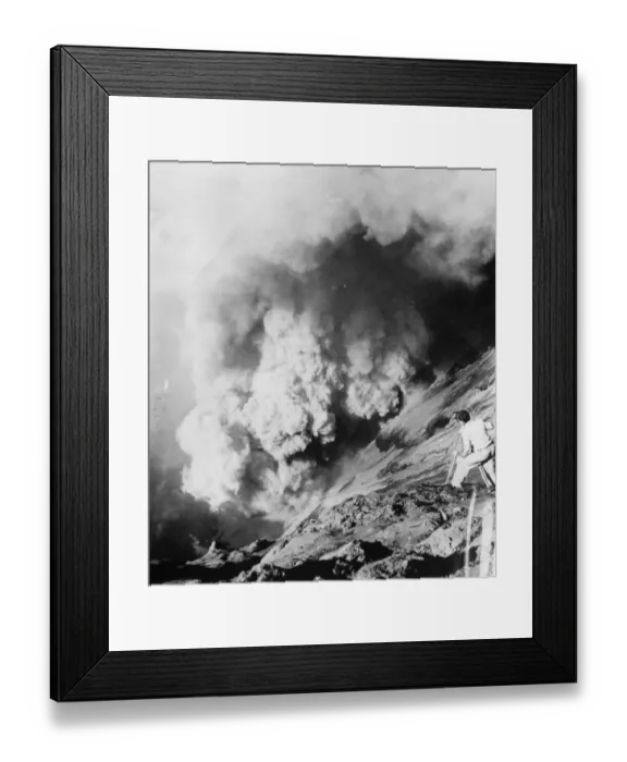 Framed Print : Eruption. April 1958: Naturalist photographer, Charles Lagus filming for the BBC Framed Print : Eruption. April 1958: Naturalist photographer, Charles Lagus filming for the BBC
