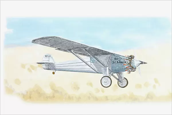 Illustraton of Spirit of St Louis monoplane flown by Charles Lindbergh, non-stop flight from New York to Paris, 1927