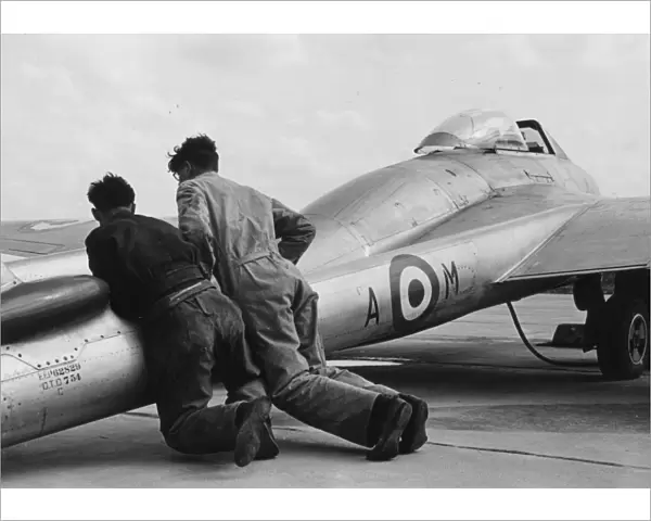 RAF De Havilland Vampire being pushed into position ready for take-off
